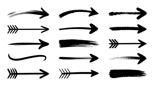 Black Hand Drawn Grunge Arrow Brush Strokes Vector Set on Transparent Background