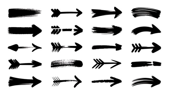 Black Hand Drawn Grunge Arrow Brush Strokes Vector Set on Transparent Background