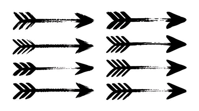 Black Hand Drawn Grunge Arrow Brush Strokes Vector Set on Transparent Background