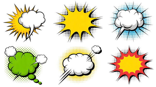 Comic Book Pop Art Explosion Speech Bubbles Thought Clouds and Starburst Balloons Vector Set on Transparent Background 