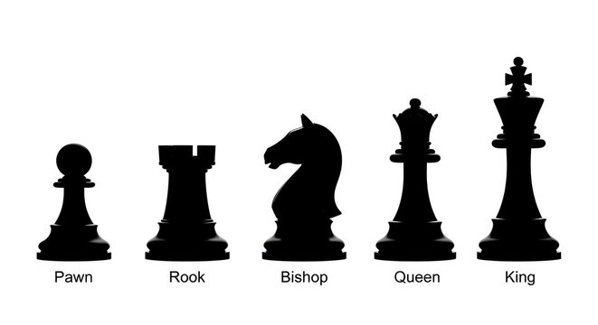 Black silhouettes of chess pieces pawn, rook, knight, queen, king
