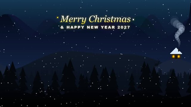 High quality 4K seamless looping animation of a magical winter night. Features a cozy log cabin with animated smoke, a reindeer silhouette perfectly grounded on a snowy hill, mesmerizing Aurora Boreal