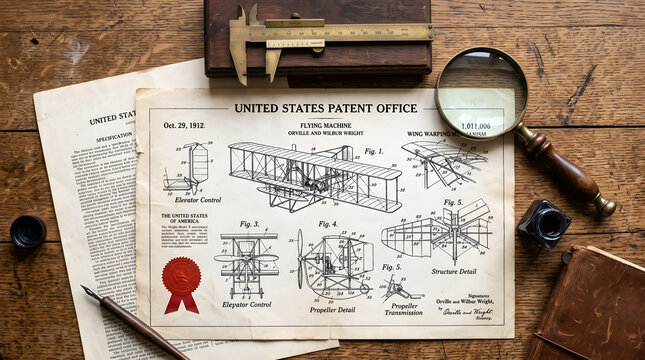 Vintage flying machine patent for Wright Brothers Day celebration