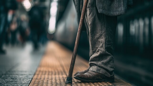 Senior person waiting on subway platform with walking stick reflecting urban and daily commute life