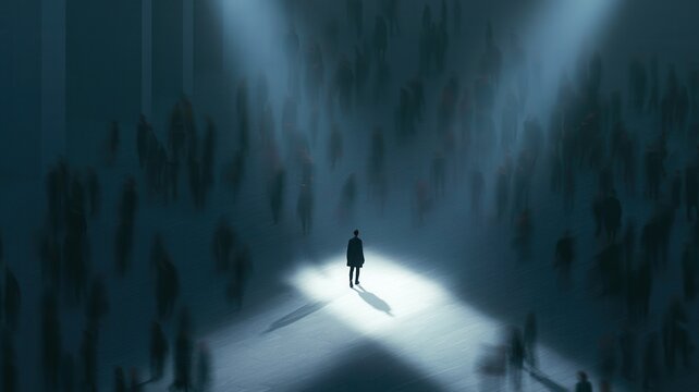Person standing alone in spotlight amidst blurred dark crowd symbolizing individuality leadership and finding a path