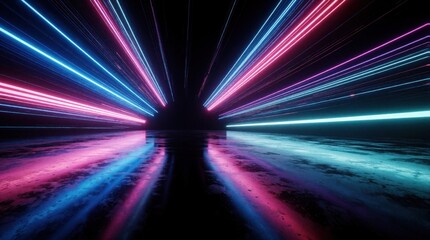 Fototapeta premium Abstract neon light lines glow in dark space. Pink, blue laser beams create motion blur effect. Bright glowing streaks reflect on wet floor surface. Futuristic cyber tunnel background with electric