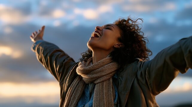 Young woman enjoying life laughing freely with eyes closed expressing authentic and freedom outdoors happiness