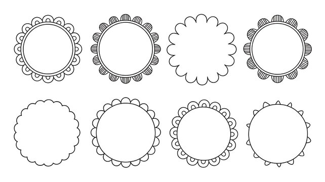 Cute Retro Boho Hand Drawn Decorative Frames and Scalloped Shapes Vector Set on Transparent Background 