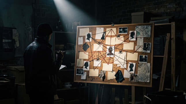 Detective examining a large conspiracy evidence board with connected photos and red strings in a dark room