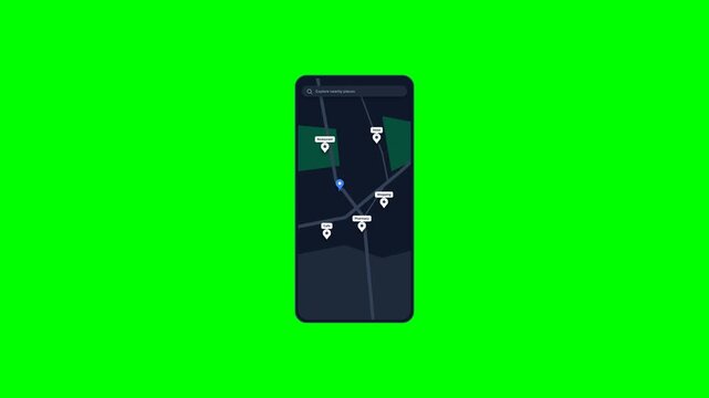 High quality 4K seamless looping motion background featuring a static modern smartphone on a chroma key greenscreen. Displays a sleek dark mode GPS map animation, dropping location pins, animated rout