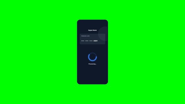 High quality 4K seamless looping motion background featuring a modern smartphone on a chroma key greenscreen. Demonstrates a full fintech journey: an NFC contactless tap, a processing loading animatio