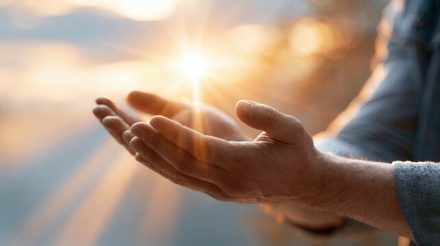 Person's hands receiving bright light from sky symbolizing hope and spiritual blessing faith