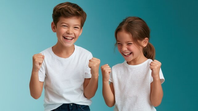 Happy children celebrating success and achievement two kids smiling with clenched fists excited and winning feeling