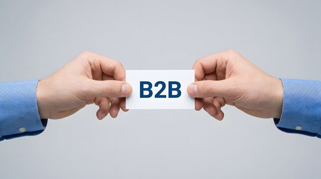 Hands holding a card with b2b written on it representing business to business connection