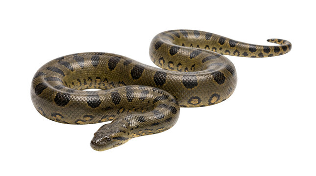 Green anaconda snake coiled on white background, isolated on transparent background