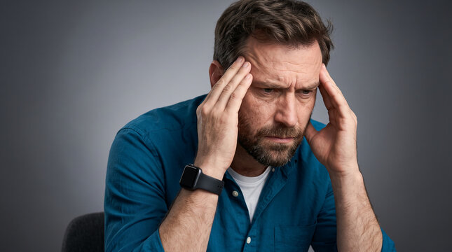 A man in a blue shirt touches his temples with his hands, showing distress and concentration, representative of mental strain and difficult thought processes