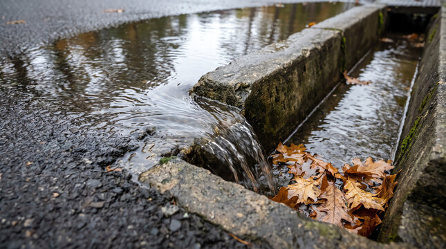 Rainwater flowing from wet asphalt road into concrete street drain gutter with fallen brown autumn oak leaves.