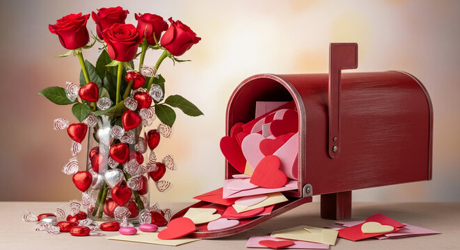 Red roses and heart-shaped decorations spill from a mailbox, symbolizing love and Valentine's Day messages