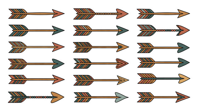 Vintage Hand Drawn Boho Arrows and Feathered Tribal Decorative Elements Vector Set on Transparent Background 