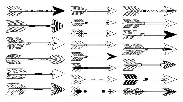Vintage Hand Drawn Boho Arrows and Feathered Tribal Decorative Elements Vector Set on Transparent Background 