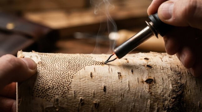 Close-up of a pyrography pen creating a dotted pattern on a wood log