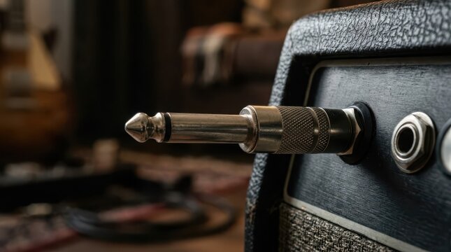 Close-up of a silver instrument audio cable plug being inserted into a black amplifier input jack