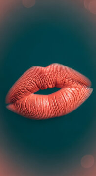 Close-up of plump, coral lips with fine texture, symbolizing sensuality, beauty, and communication, ideal for cosmetic or fashion concepts