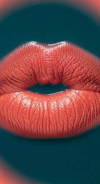 Close-up of coral lips with subtle gloss, showing texture and detail, representing beauty, cosmetic, and sensual allure.