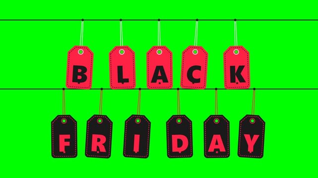 Red and black shopping tags hanging on strings spelling black friday sale