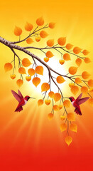 Fototapeta premium Two red hummingbirds fly around a branch with golden heart-shaped leaves, symbolizing love and nature's beauty.