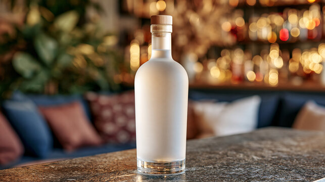 Blank frosted glass bottle mockup positioned on a dark bar counter, completely unbranded packaging with a clean empty label surface, elegant lounge interior softly blurred behind it, subtle warm hig