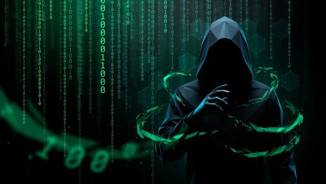Digital hacker in a hoodie surrounded by green binary code and glowing data streams, representing cyber security and technology