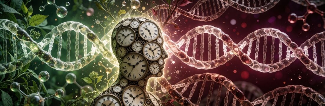 Surreal digital art shows human head made of vintage clocks. DNA strands swirl around profile in green, red cosmic space. Concept of genetic time, evolution, biological aging, life cycles in