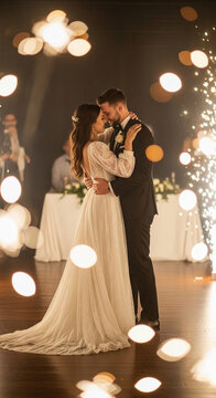 A couple dances surrounded by sparkling fireworks and bokeh lights, symbolizing romance, celebration, and union
