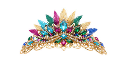 Ornate gold tiara with colorful gemstones and isolated on transparent background © PNG Studio 99