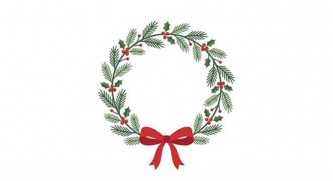 Festive Christmas Holiday Wreath Border with Green Foliage and Red Berries
