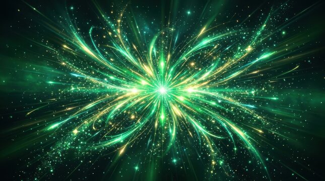 Vibrant abstract fractal light explosion centered on a dark background, featuring dynamic swirling green and golden energy streaks radiating outwards with sparkling particles, creating a dazzling ethe