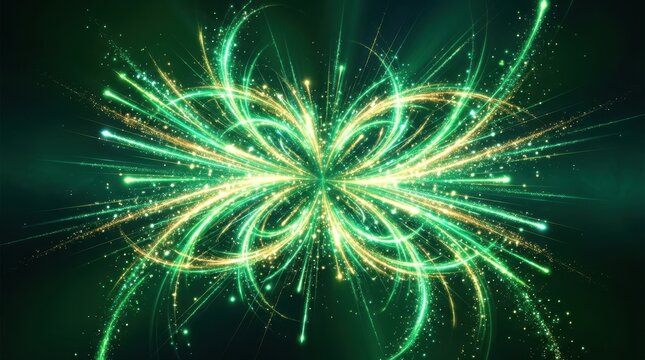 Vibrant glowing green and golden light trails radiating outwards from a central point, forming an abstract particle explosion or energetic starburst pattern against a dark green digital background, cr