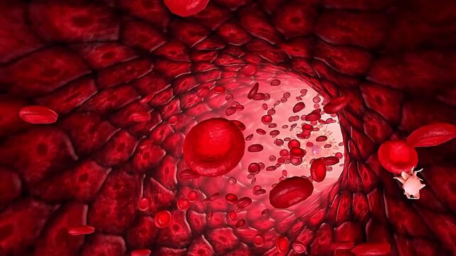 3D view of blood flow through arteries, veins, and capillaries within the human circulatory system.