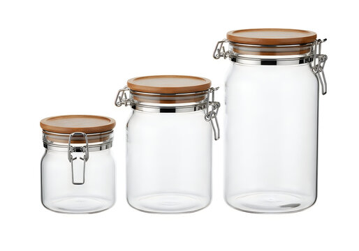 Three glass canisters with wooden lids