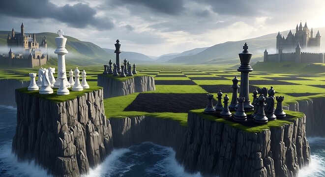 Giant chess pieces on cliff islands with castles and checkerboard landscape