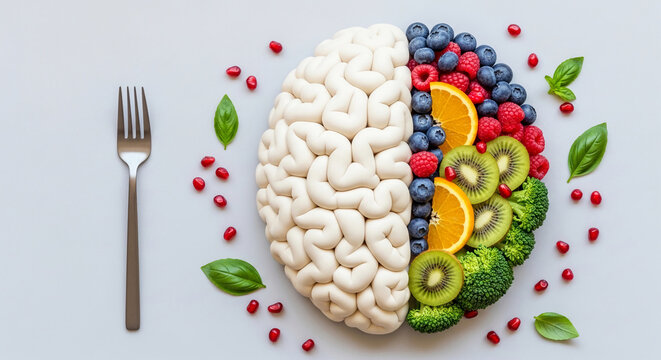 A brain shape made of light-colored clay on one side and vibrant fruits and vegetables on the other, symbolizing the impact of nutrition on cognitive function