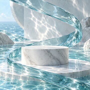 Clear aqua glass ribbons spiraling around white marble podium