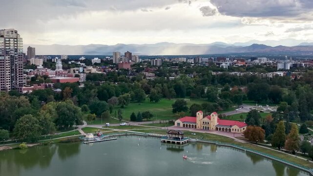 Aerial footage of a gorgeous landscape at City Park in Denver Colorado USA