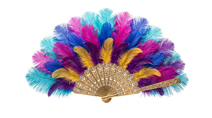 Fototapeta premium Vibrant feather fan with sequins and gold handle isolated on transparent background