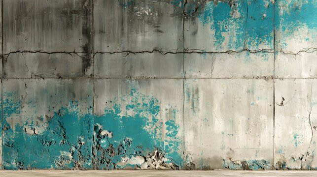 Weathered concrete wall with peeling turquoise paint and distressed texture for an industrial background.