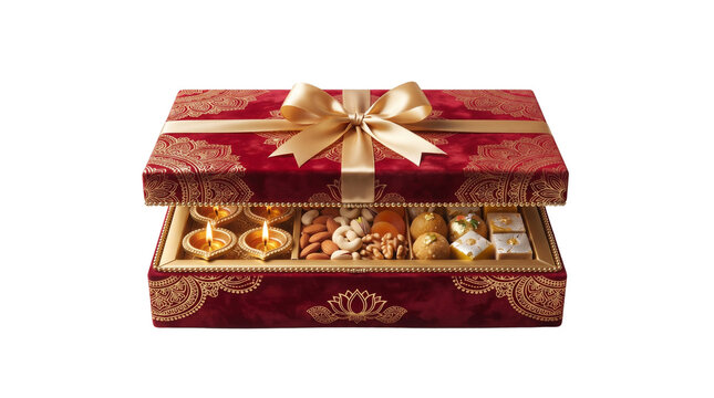 Luxurious Diwali gift box with burning diya lamps, traditional Indian sweets and dry fruits, ornate red velvet festival hamper with golden bow isolated PNG with Transparent Background