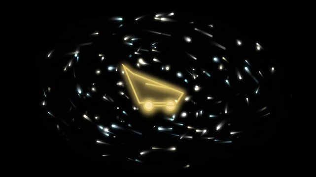 Glowing neon shopping cart icon, luminous golden online store cart, glowing e-commerce trolley with spinning particle stream background