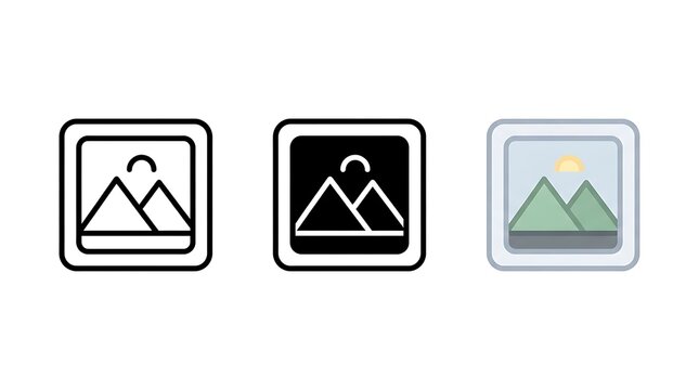 Image icons set showing mountains and sun symbols in various styles including outline, solid, and flat colored design