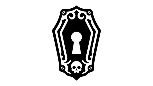 Gothic Coffin Keyhole Silhouette: A striking black silhouette of a coffin shape featuring an ornate keyhole at its center, with a skull emblem at the base, evoking mystery and the macabre.